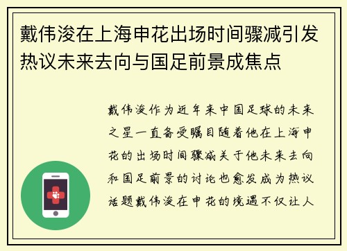 戴伟浚在上海申花出场时间骤减引发热议未来去向与国足前景成焦点