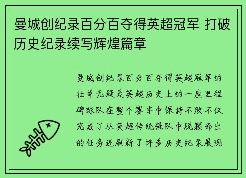 曼城创纪录百分百夺得英超冠军 打破历史纪录续写辉煌篇章